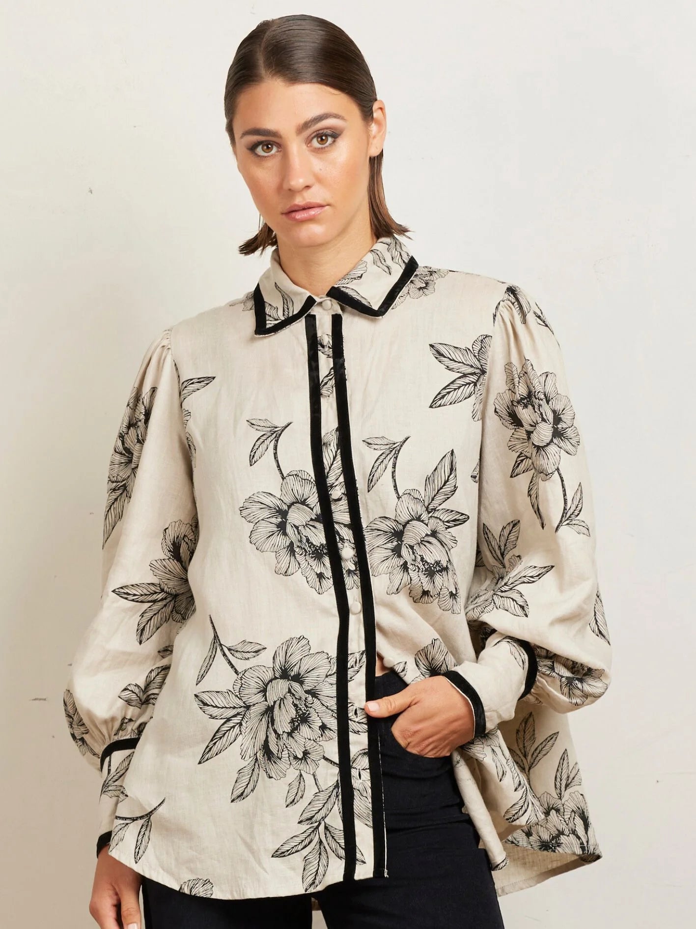 State of Embrace - Velvet Trim Blouse - Onyx