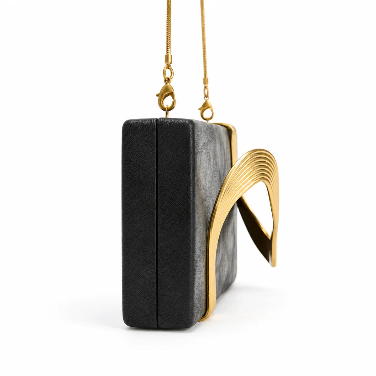Wave Pu Leather Clutch with Gold Front Hand Detail - Black