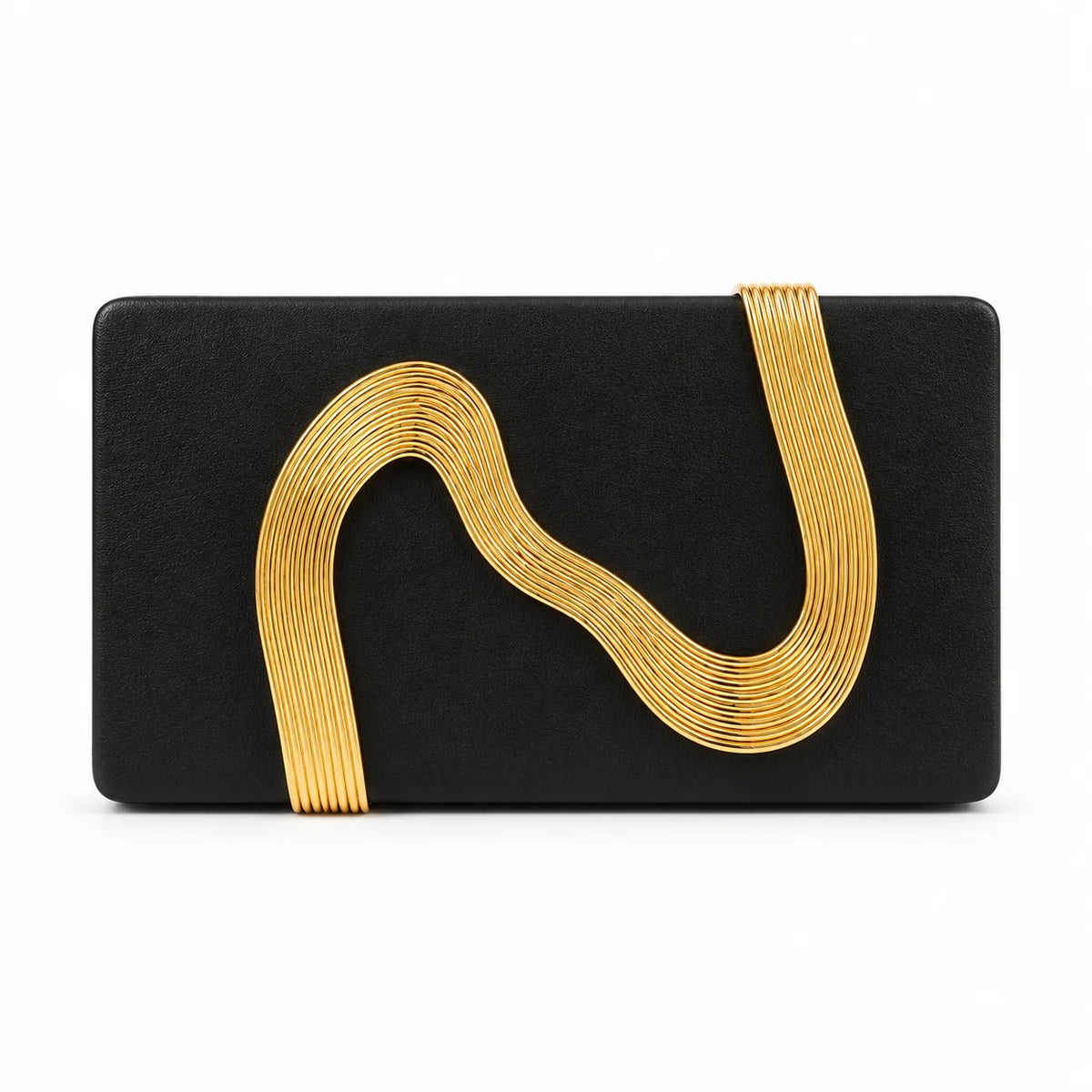Wave Pu Leather Clutch with Gold Front Hand Detail - Black