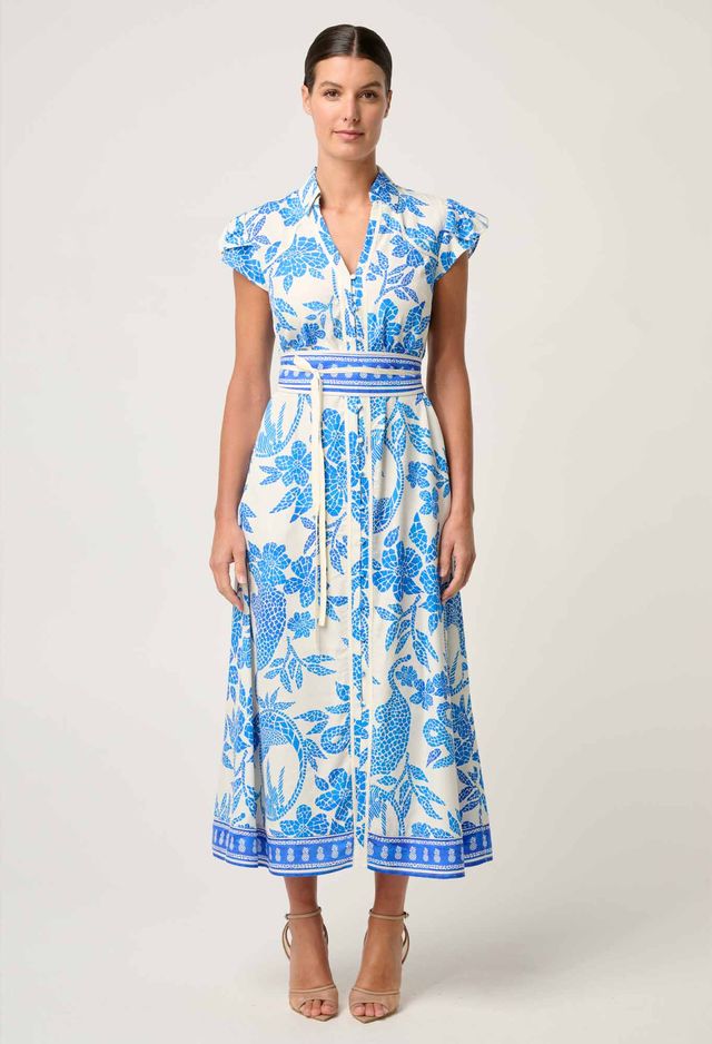 Once Was - Callista Viscose Dobby Petal Sleeve Dress - Azure Mosiac