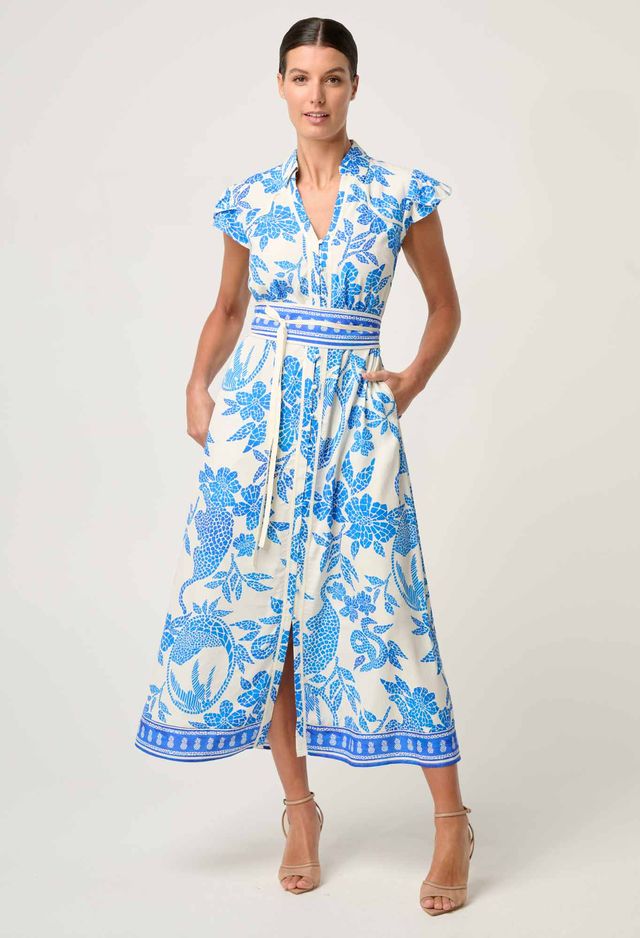 Once Was - Callista Viscose Dobby Petal Sleeve Dress - Azure Mosiac