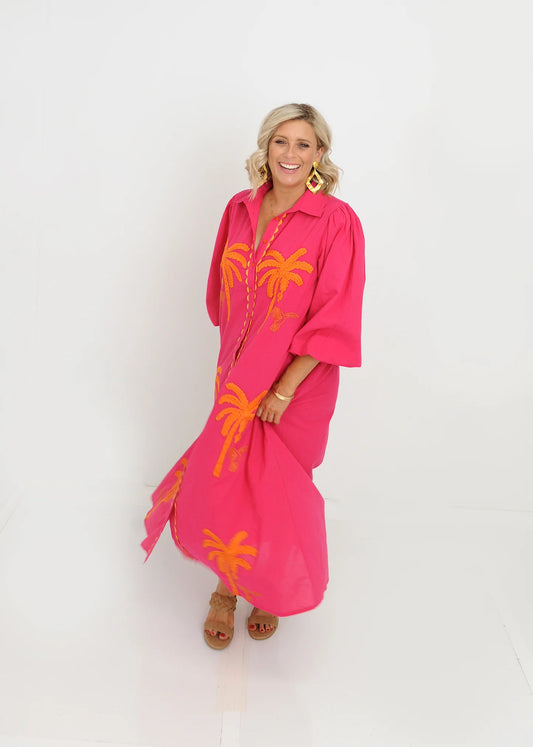 Palm Midi Dress - Pink Orange Palm
