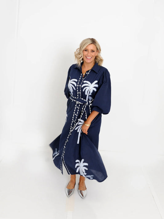 Palm Dress - Navy White Palm