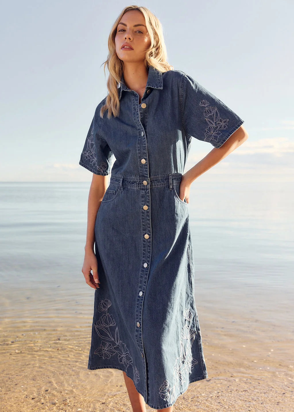 30% OFF - Fate & Becker - Sloane Embroidered Denim Dress - Mid Blue