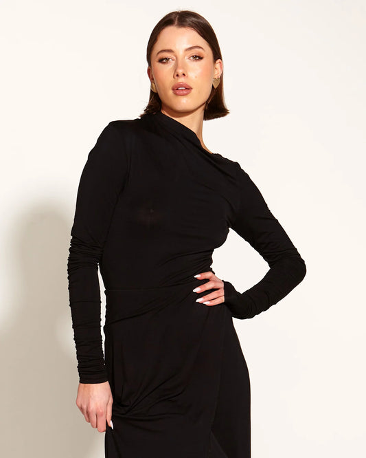 Fate & Becker - Sweet Soul Asymetric Cowl Neckline Bodycon Bodysuit - Black