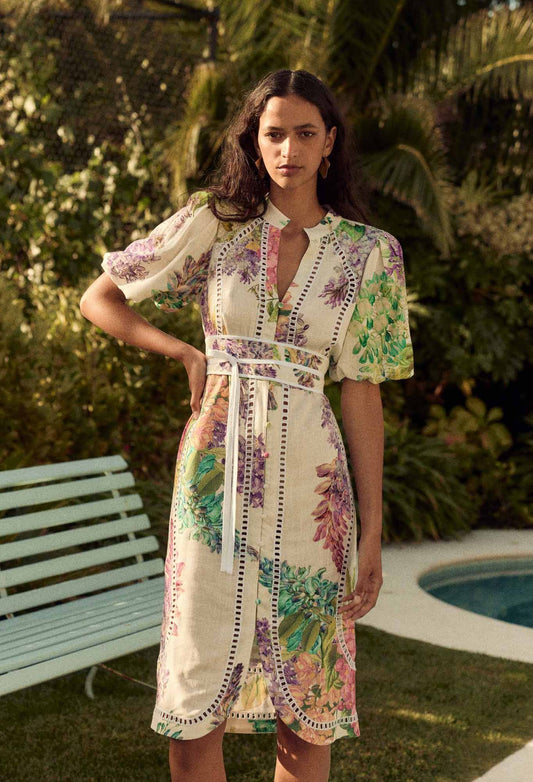 Once Was - Carlyle Embroidered Linen Viscose Dress - Wisteria Alba