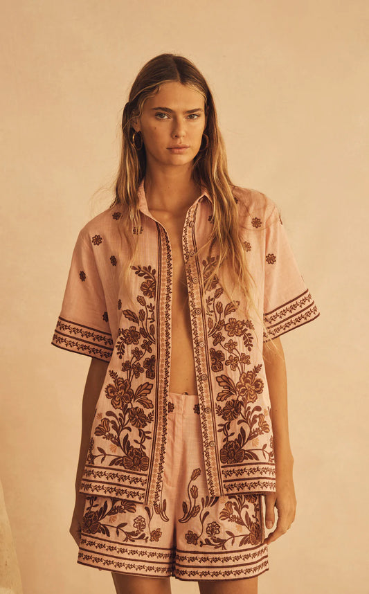 Aur Oceá - Short Sleeve Resort Shirt - Infiorata Embroidered