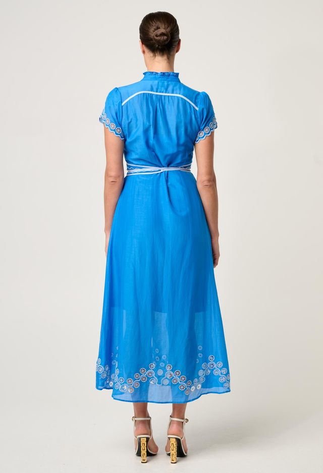 Once Was - Xanthia Diamond Smock Yoke Cotton Silk Dress - Blue Topaz
