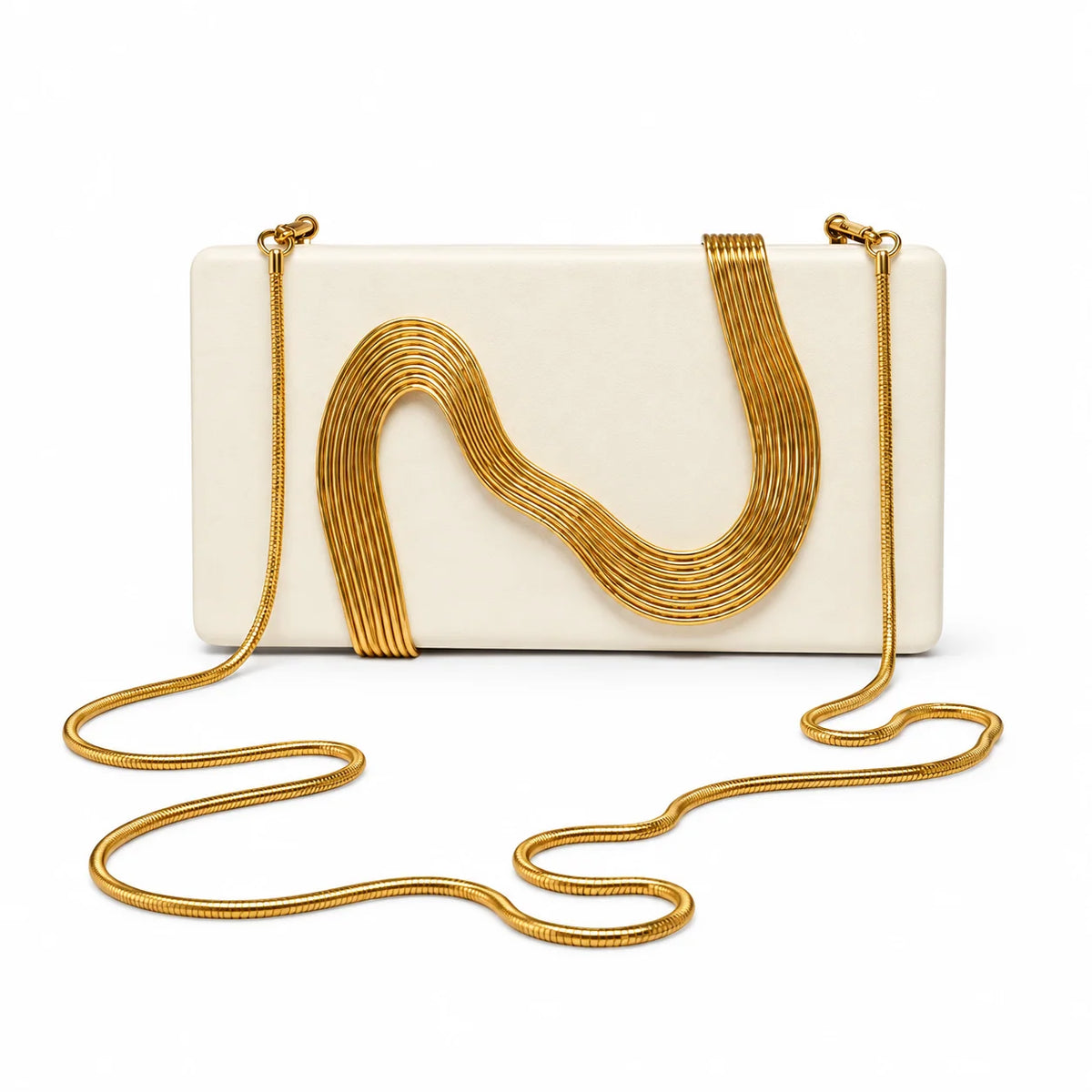 Wave PU Leather Clutch with Gold Front Hand Detail - White