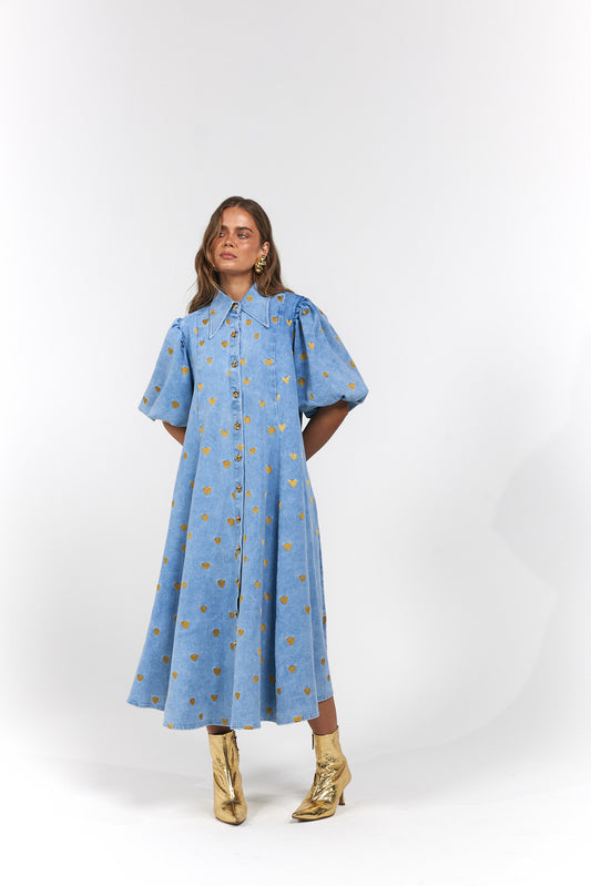 La Bohème Girls - Peyton Midi Dress - Denim Hearts