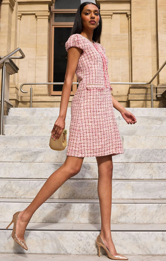 Sacha Drake - Celestine Shift Dress - Pink White Tweed