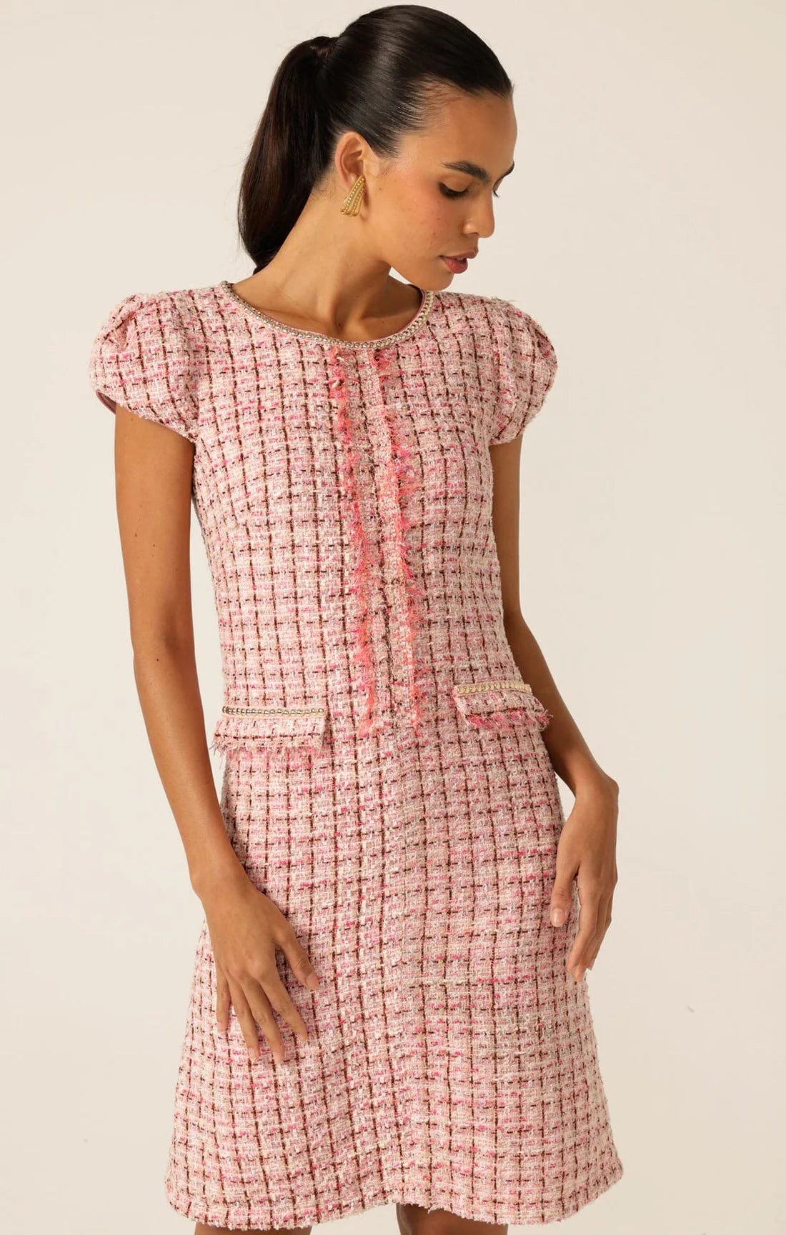 Sacha Drake - Celestine Shift Dress - Pink White Tweed