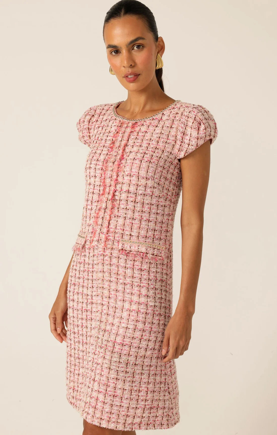 Sacha Drake - Celestine Shift Dress - Pink White Tweed