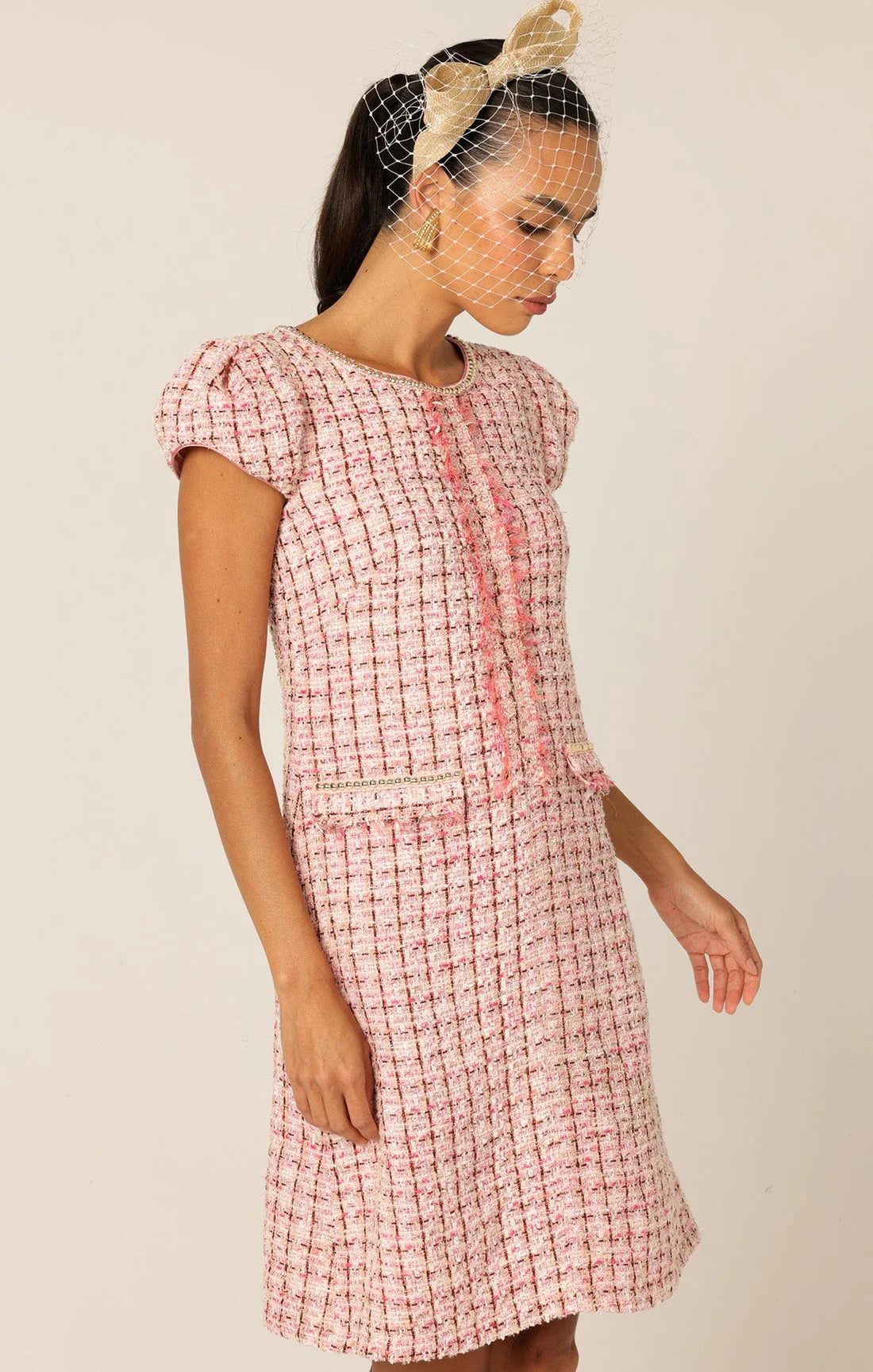 Sacha Drake - Celestine Shift Dress - Pink White Tweed