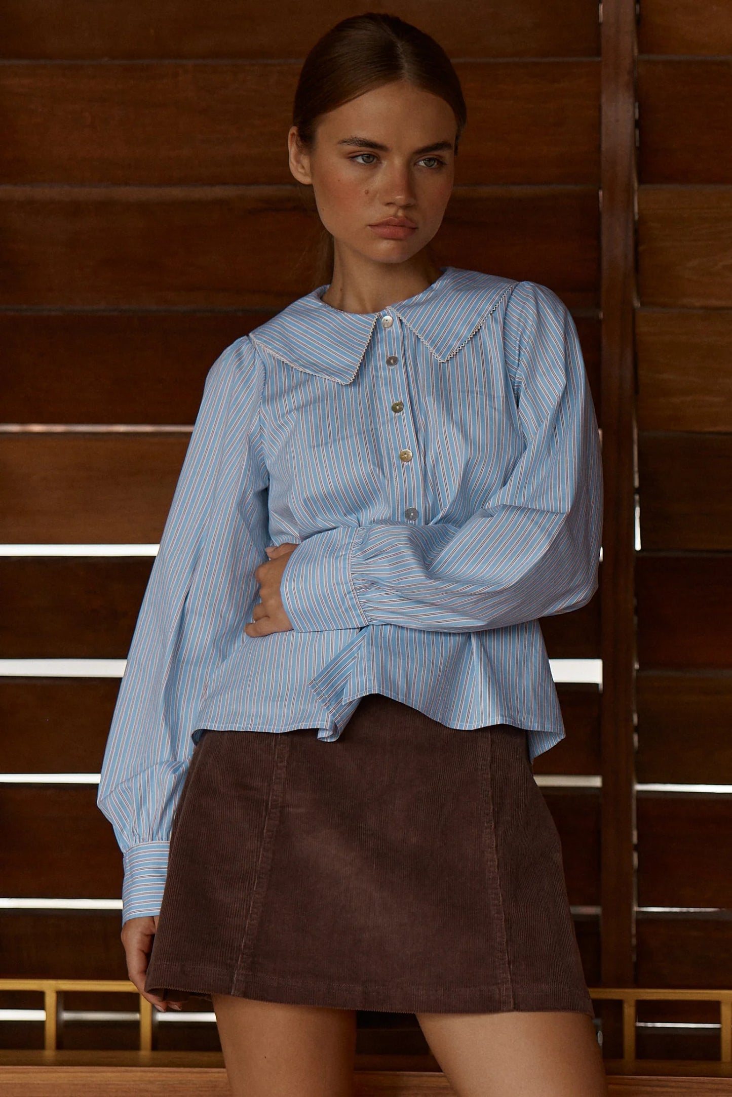 Sass Clothing - Gypsy Large Collared Shirt - Blue Choc Stripe
