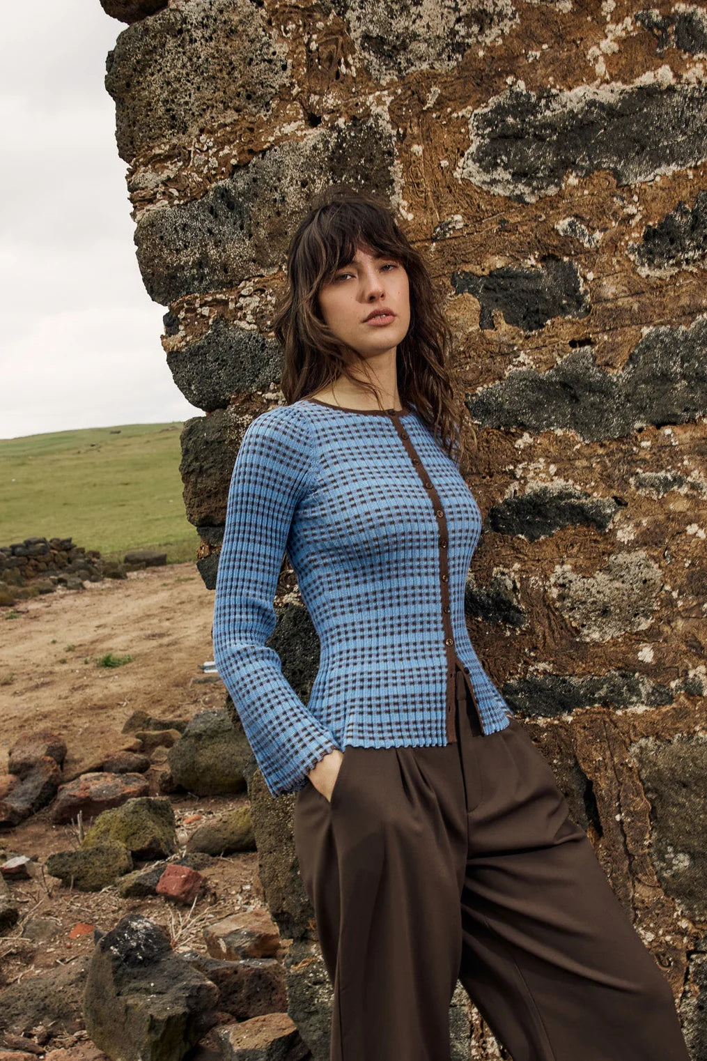 Fate & Becker - Nesta Check Knit Top - Blue/Chocolate