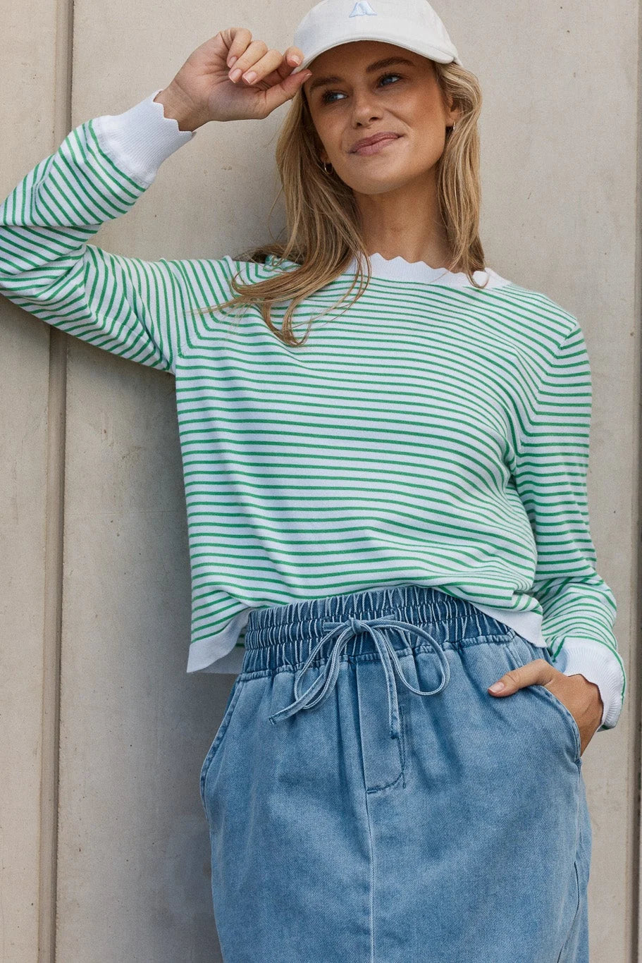 Betty Basics - Scallop Knit Sweater - Green Stripe