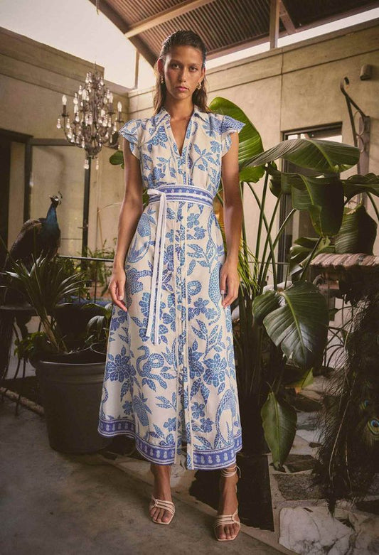 Once Was - Callista Viscose Dobby Petal Sleeve Dress - Azure Mosiac