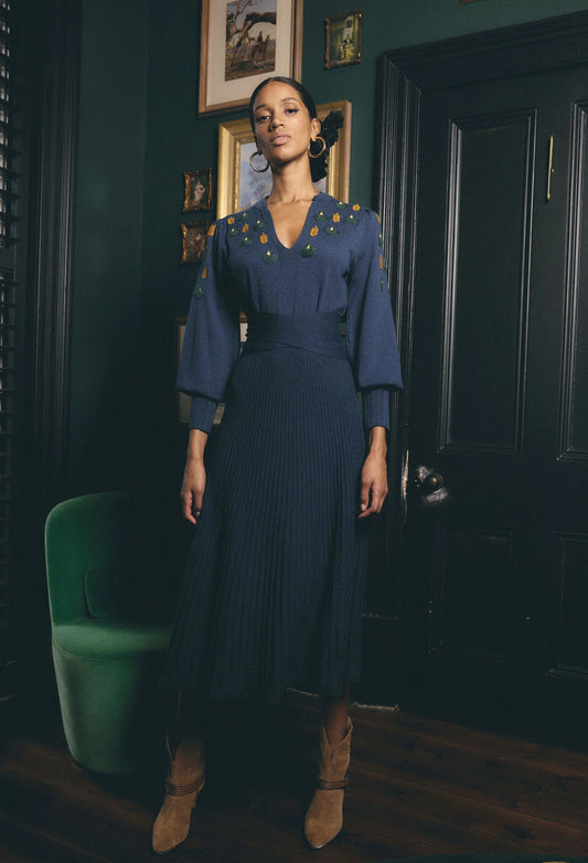 Once Was - Amor Embroidered Merino Wool Belted Knit Dress -  Midnight Blue