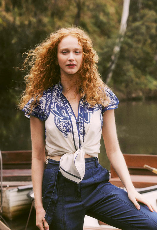 Once Was - Panama Cotton Silk Top - Bone Paisley