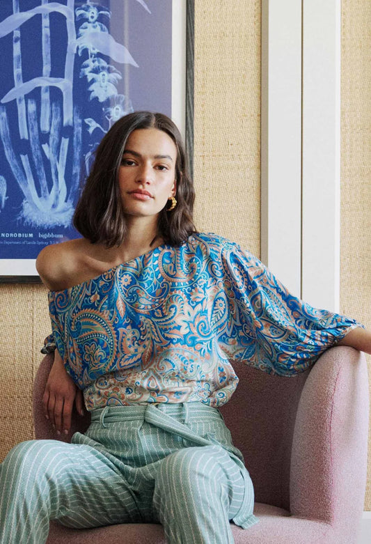 OnceWas Positano Viscose Top, Capri Paisley Print, Campaign Image