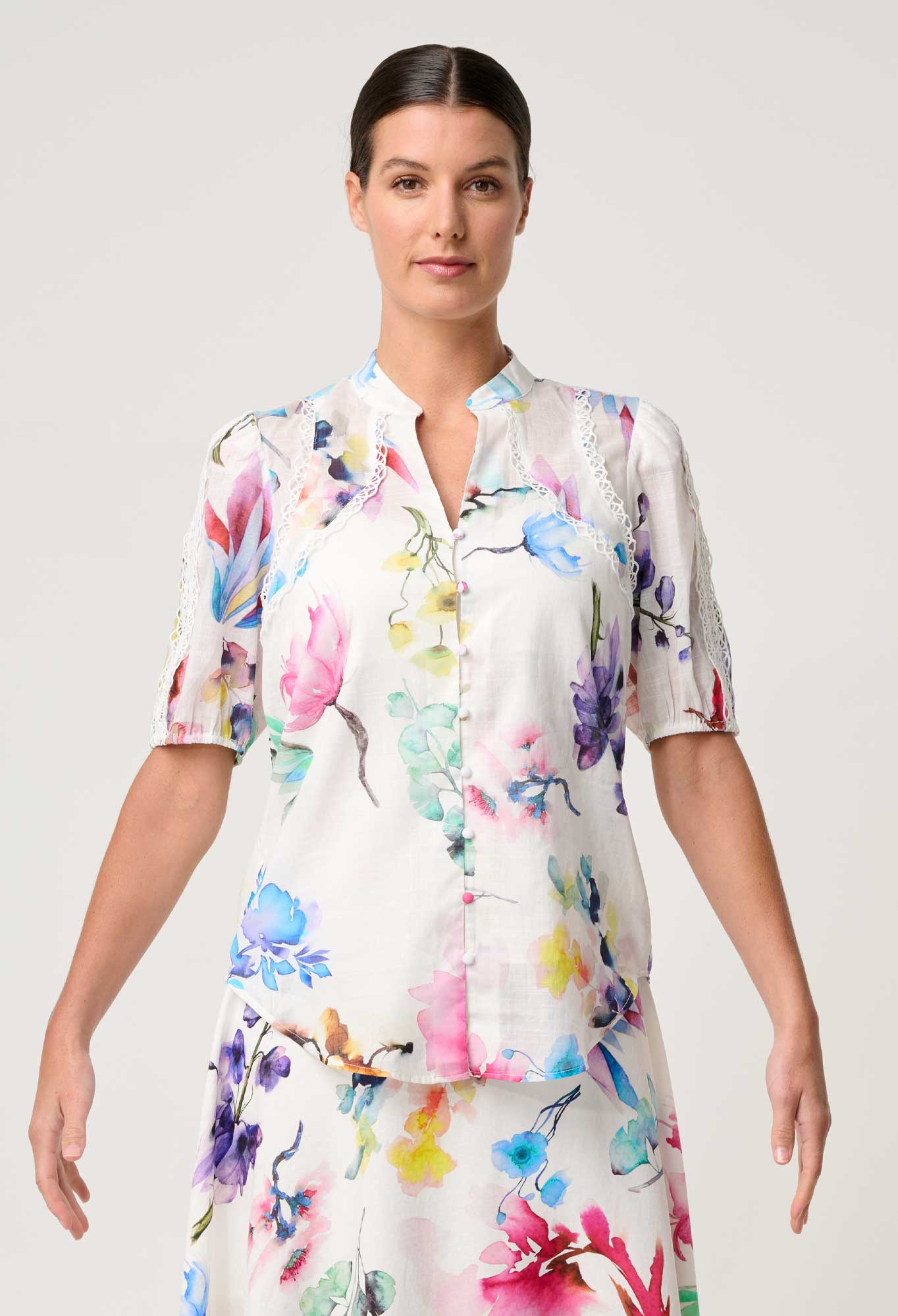 Once Was - Thalia Lace Cotton Slub Shirt - Plume Blossom