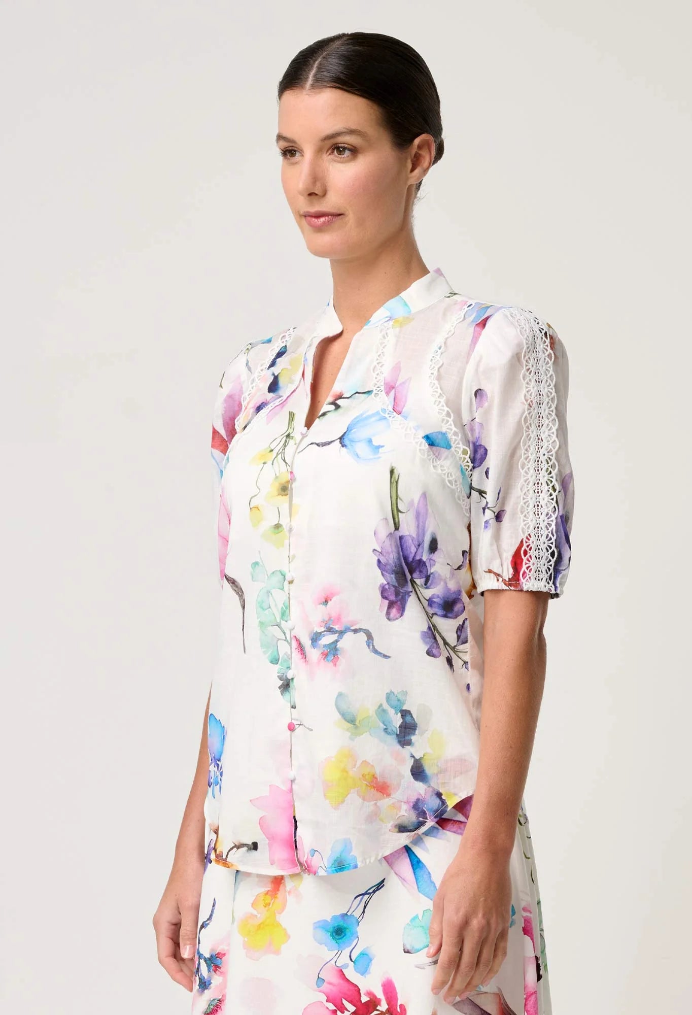 Once Was - Thalia Lace Cotton Slub Shirt - Plume Blossom