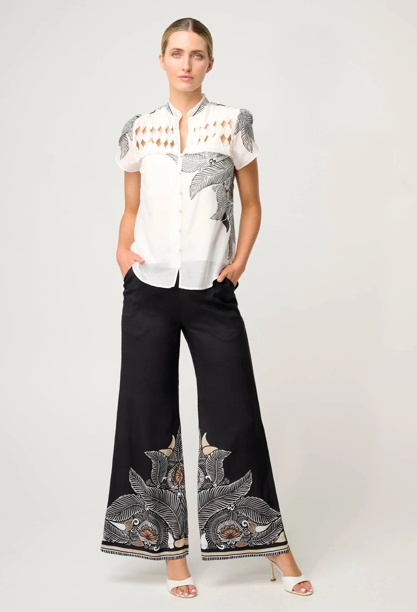 Once Was - Dalia Diamond Smock Yoke Cotton Shirt - Ivory Casablanca