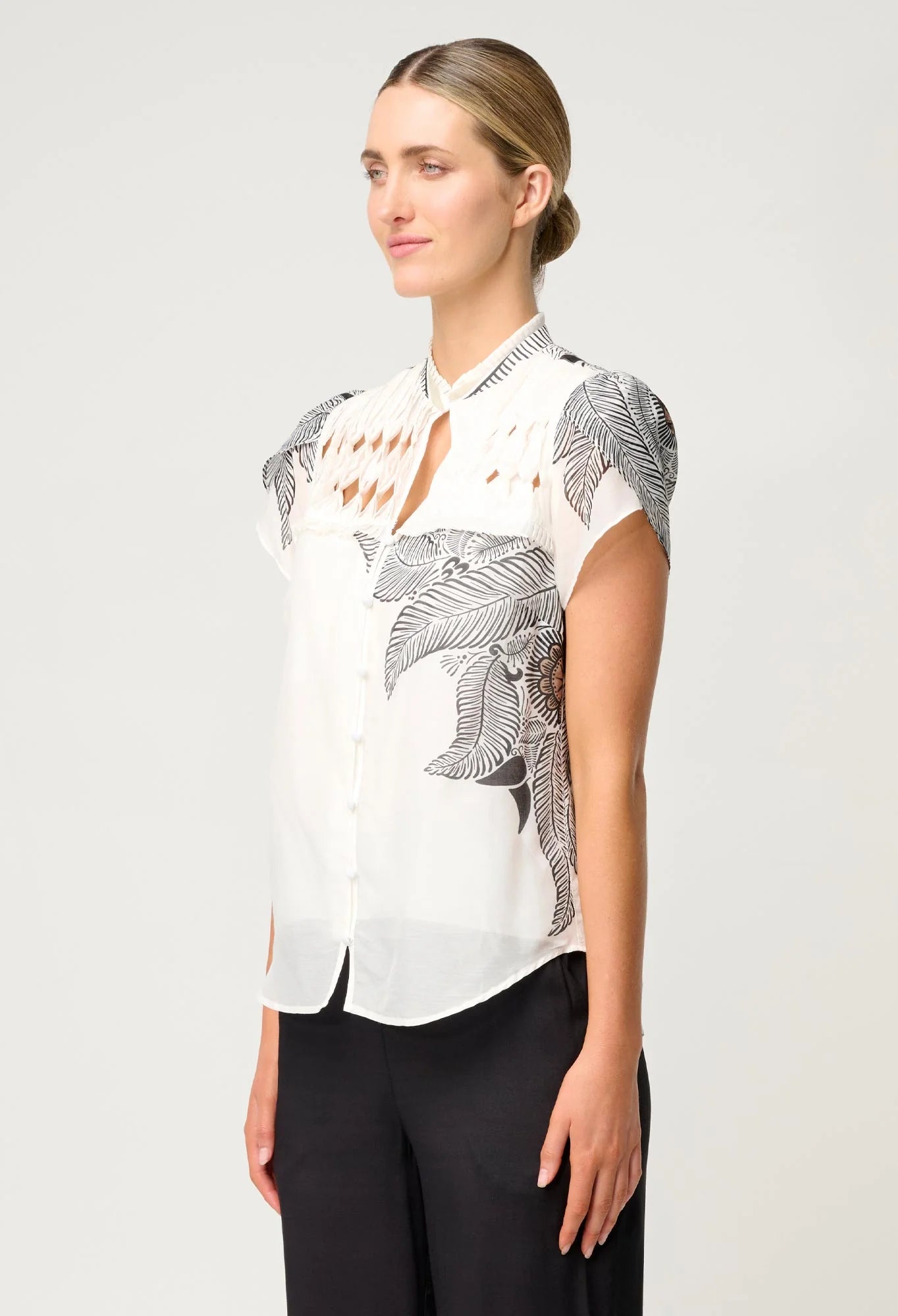 Once Was - Dalia Diamond Smock Yoke Cotton Shirt - Ivory Casablanca