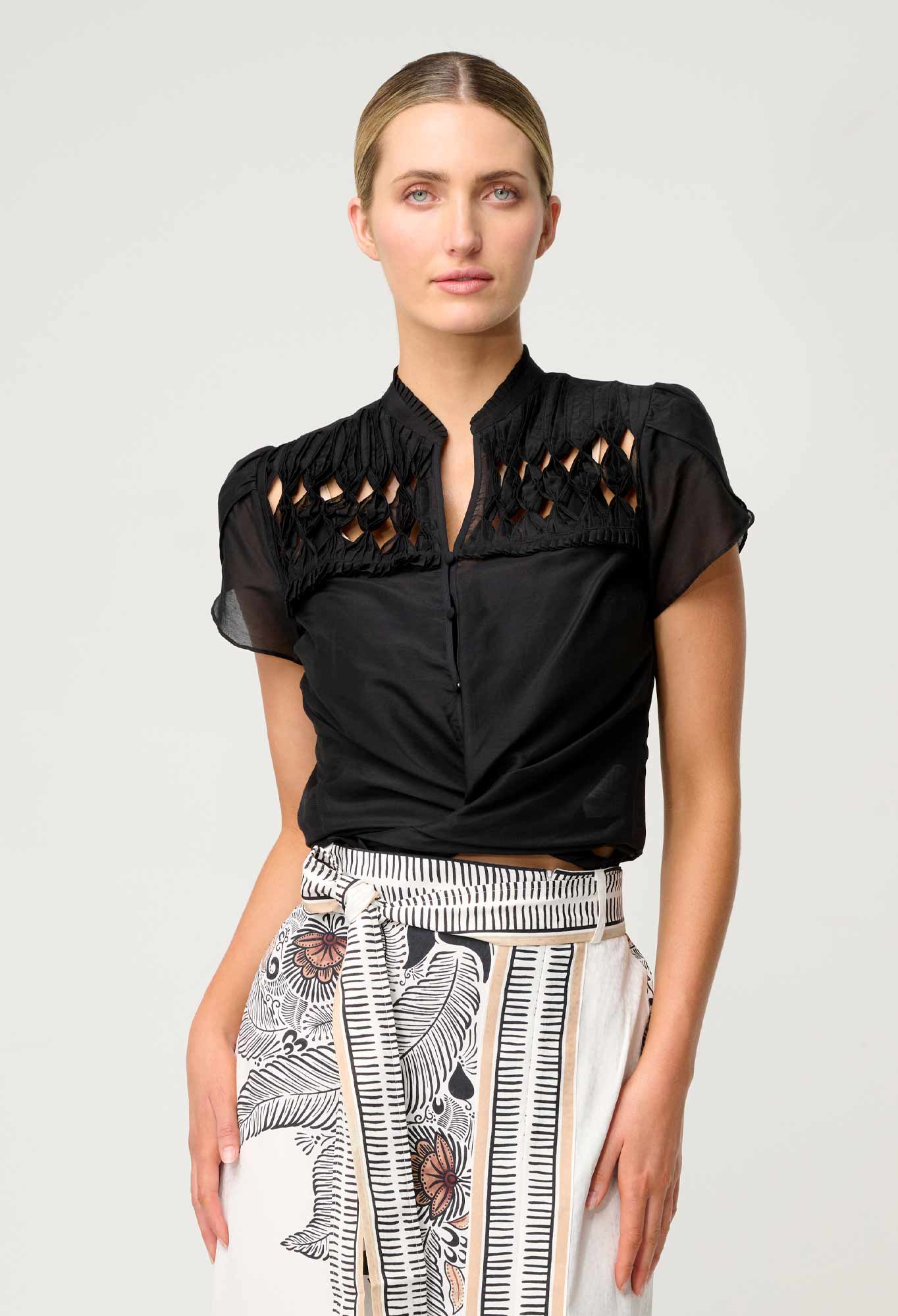 Once Was - Dalia Diamond Smock Yoke Silk Cotton Shirt - Onyx