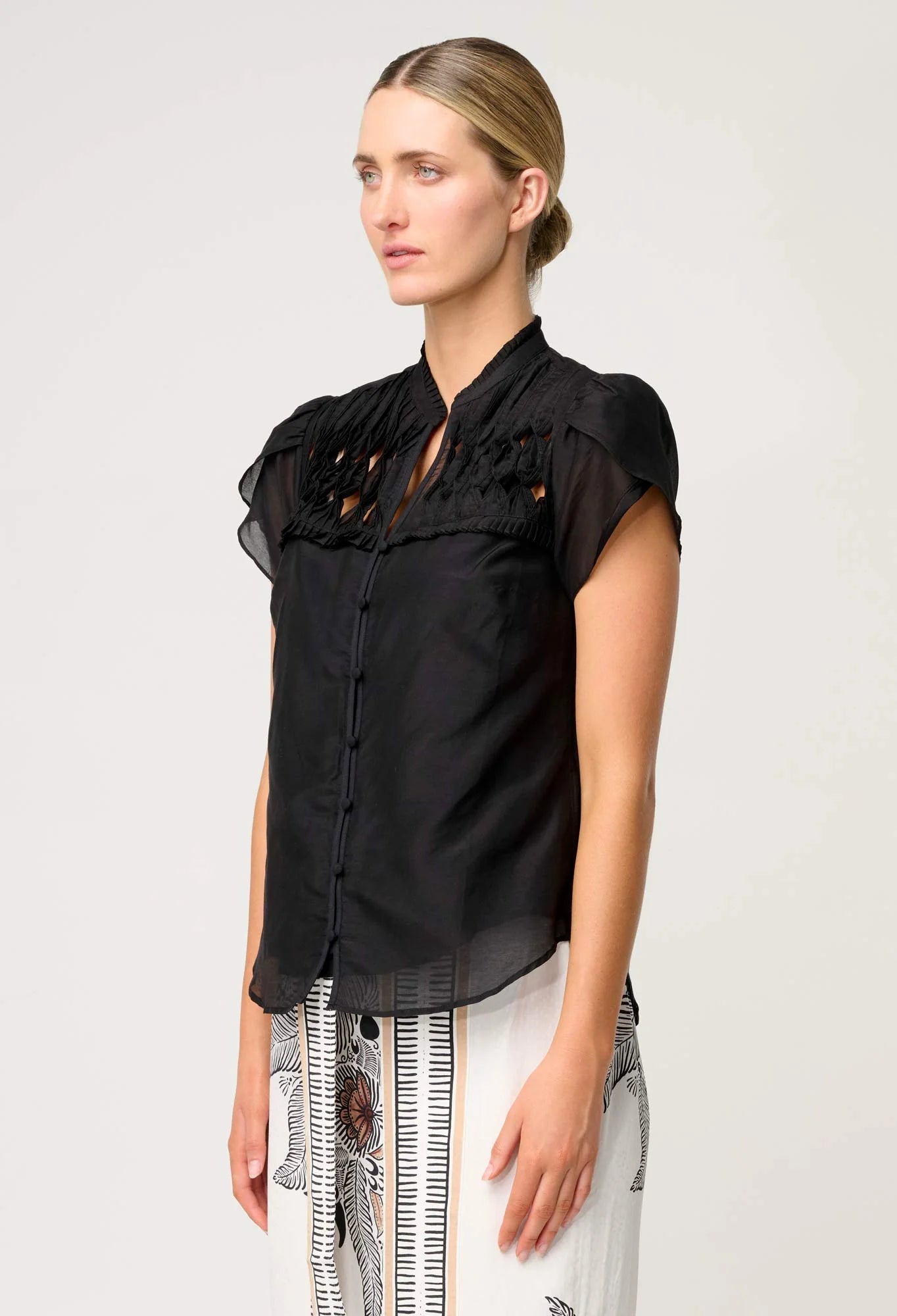 Once Was - Dalia Diamond Smock Yoke Silk Cotton Shirt - Onyx