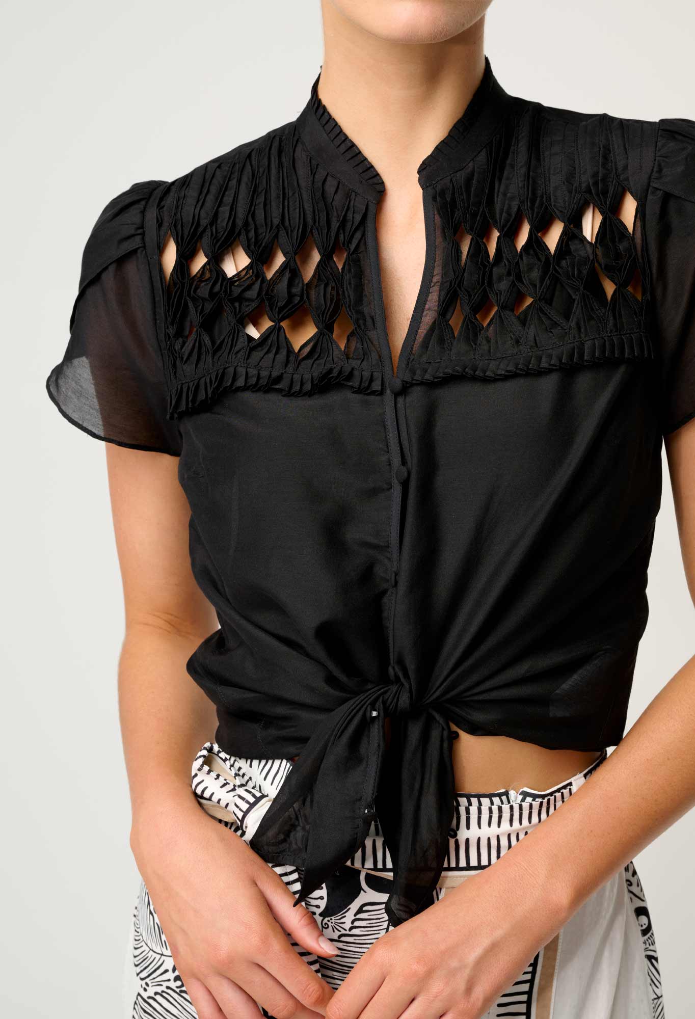 Once Was - Dalia Diamond Smock Yoke Silk Cotton Shirt - Onyx