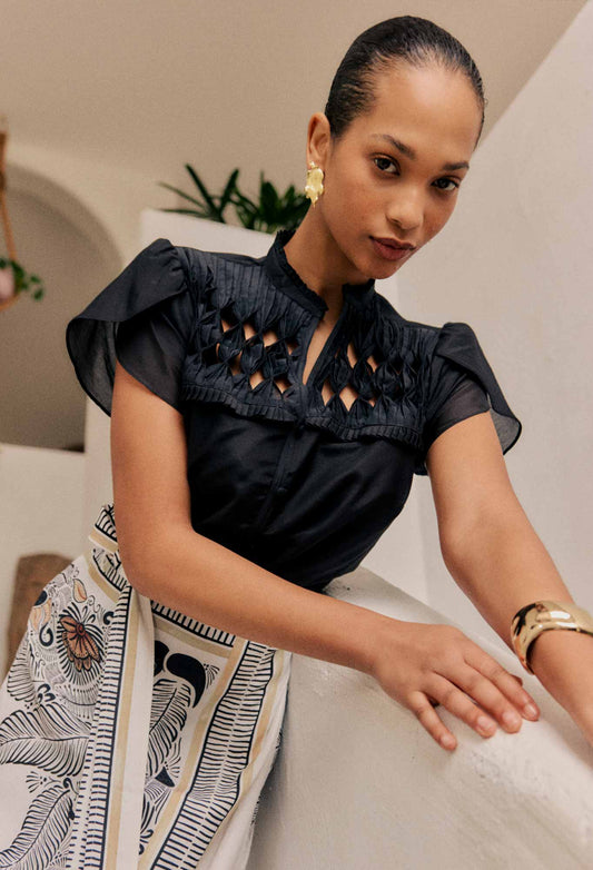 Once Was - Dalia Diamond Smock Yoke Silk Cotton Shirt - Onyx