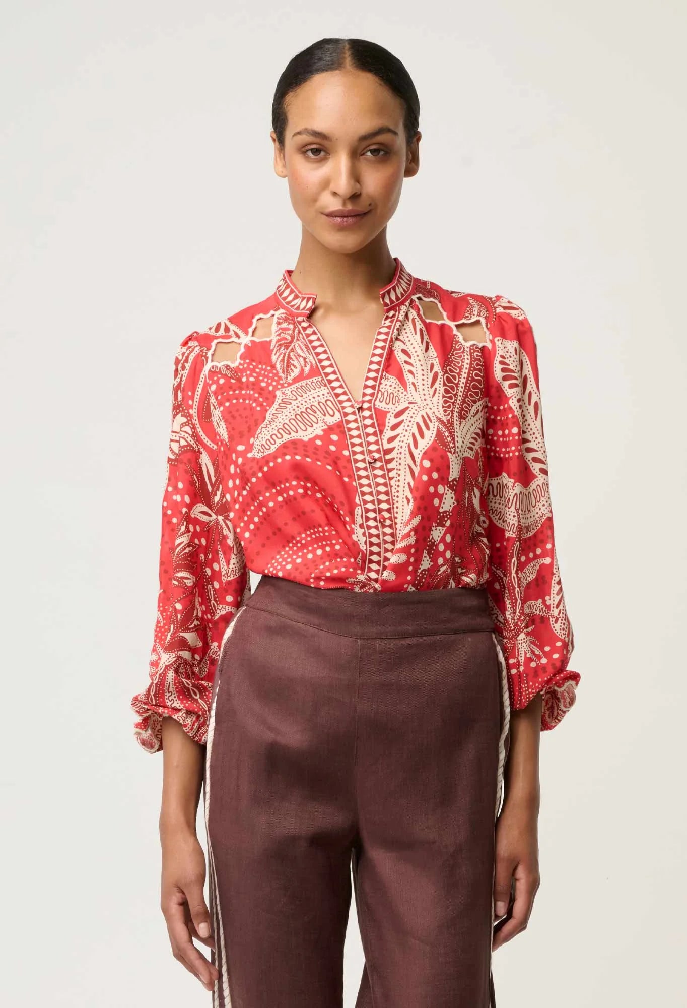 Once Was - Audrey Embroidered Viscose Faille Blouse - Crimson Palms