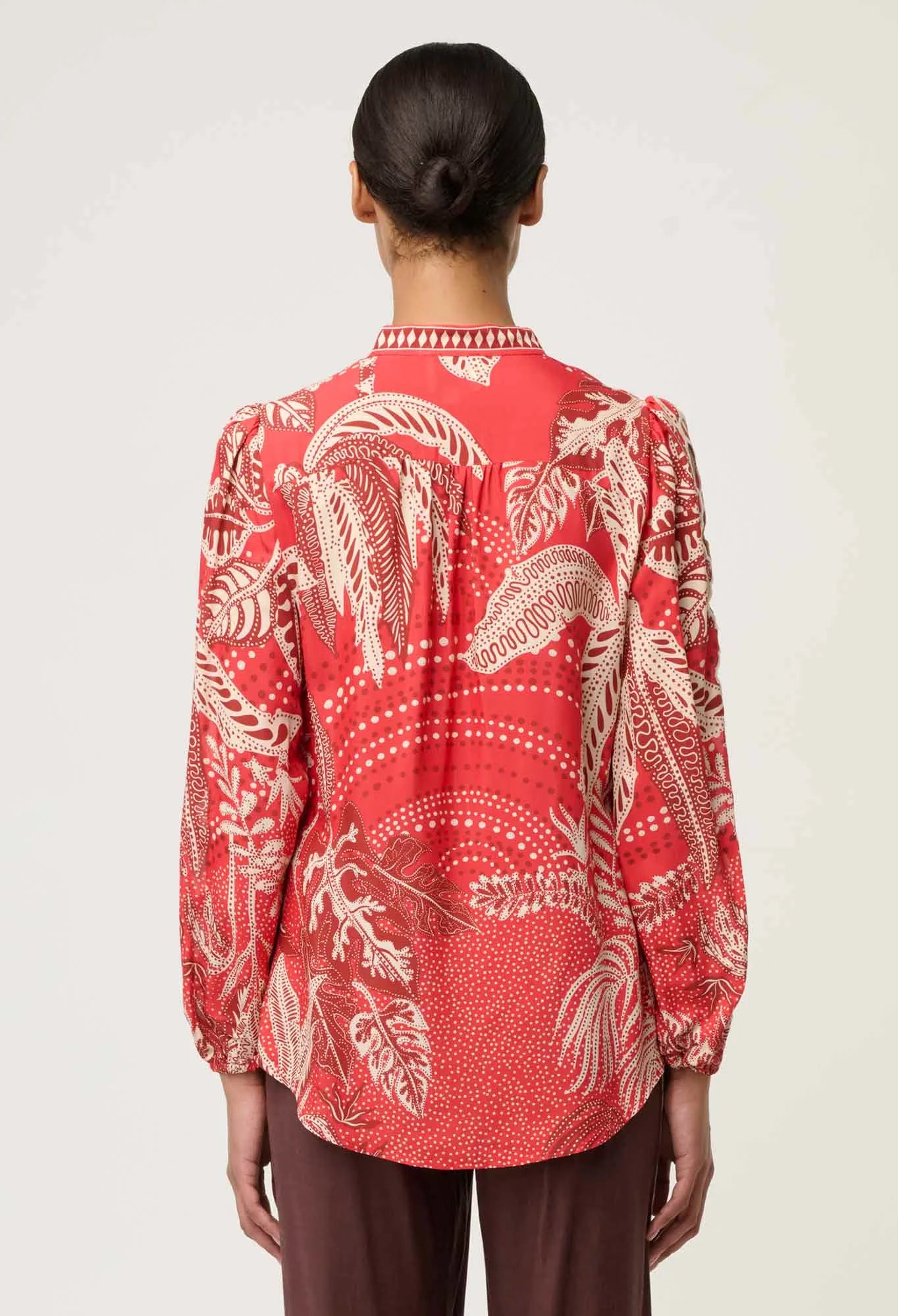 Once Was - Audrey Embroidered Viscose Faille Blouse - Crimson Palms