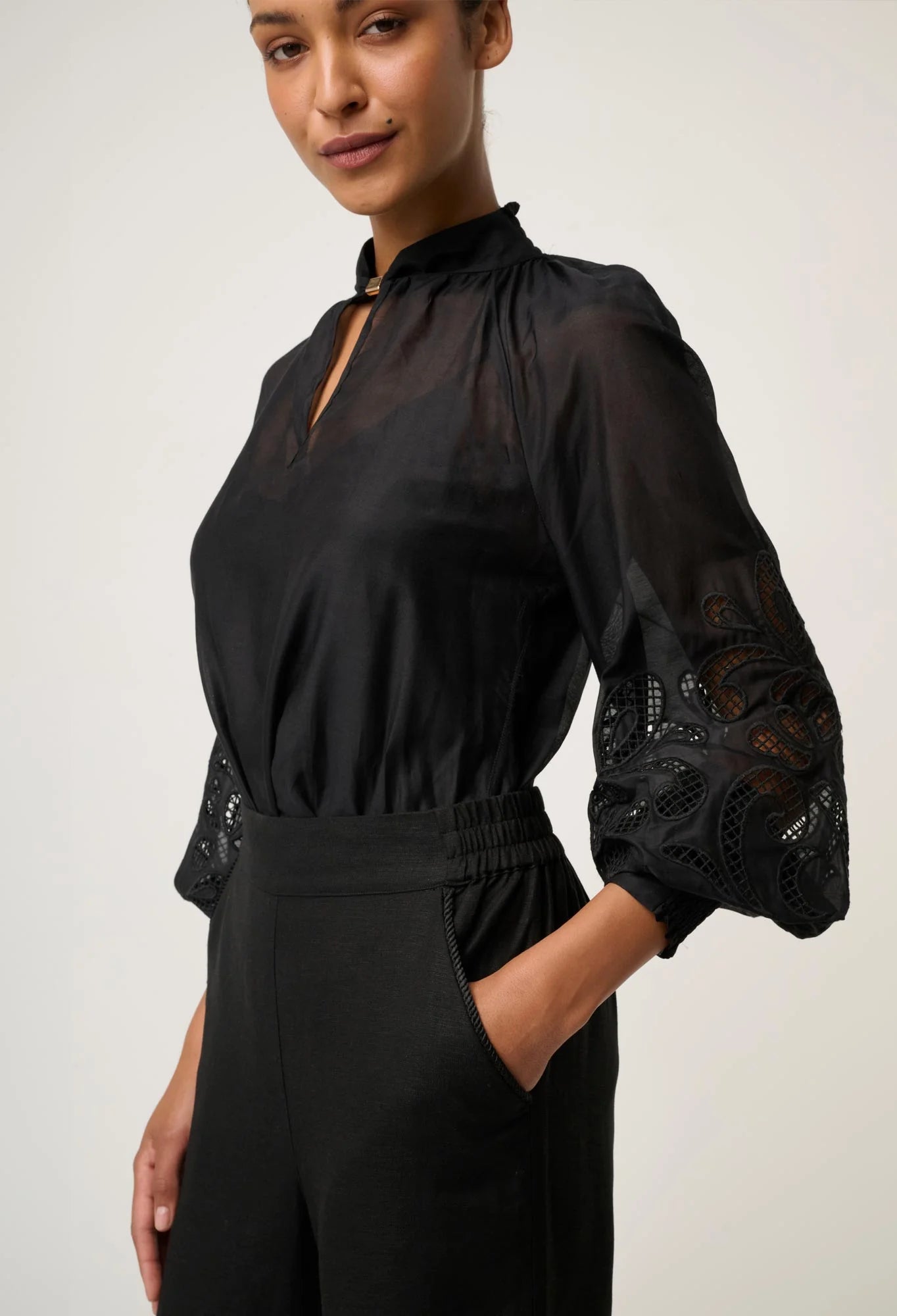 Once Was - Simona Cotton Silk Embroidered Blouse - Black