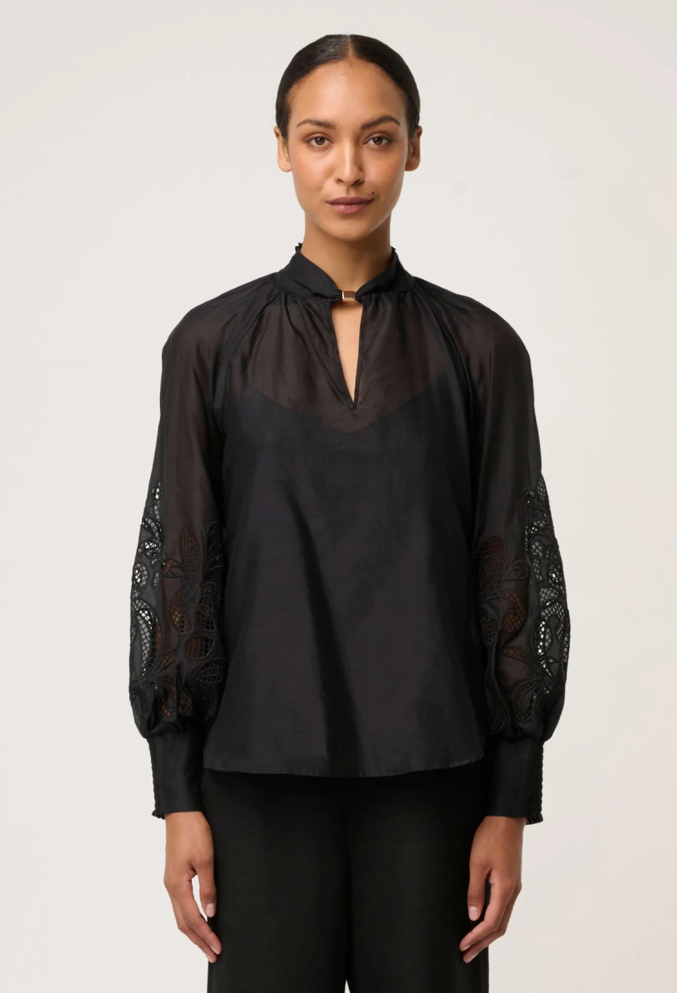 Once Was - Simona Cotton Silk Embroidered Blouse - Black