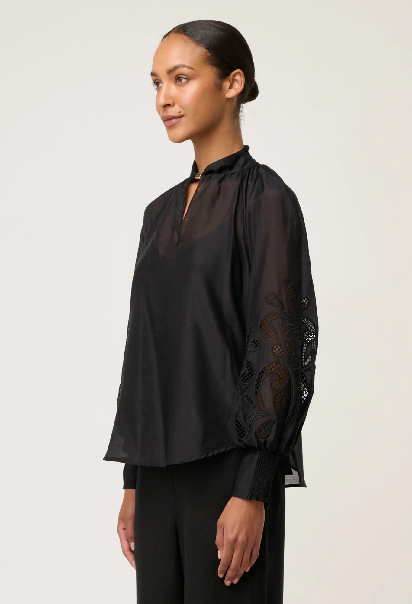 Once Was - Simona Cotton Silk Embroidered Blouse - Black