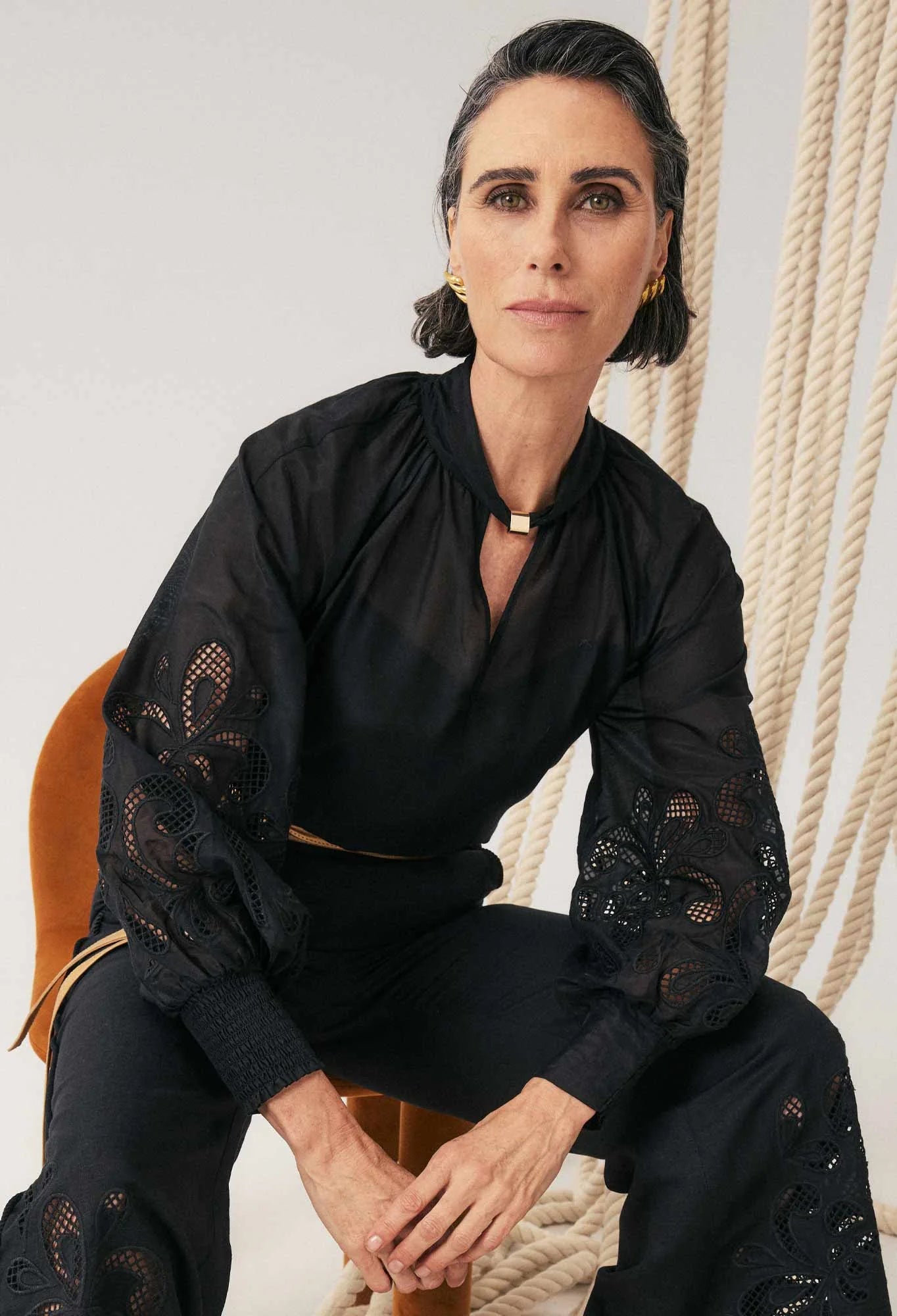 Once Was - Simona Cotton Silk Embroidered Blouse - Black