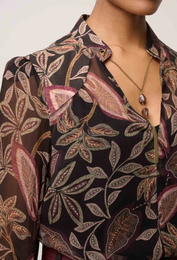 Once Was -  Freya Sheer Viscose Blouse with Embellished Neck Detail - Dark Tropique