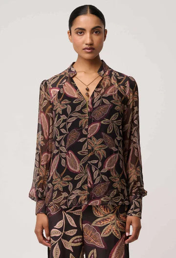 Once Was -  Freya Sheer Viscose Blouse with Embellished Neck Detail - Dark Tropique