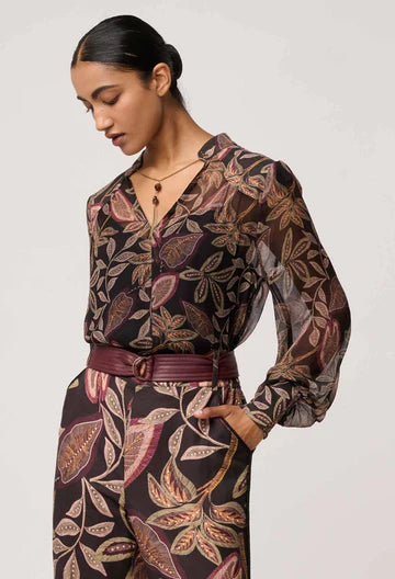 Once Was -  Freya Sheer Viscose Blouse with Embellished Neck Detail - Dark Tropique