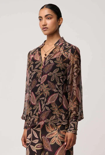 Once Was -  Freya Sheer Viscose Blouse with Embellished Neck Detail - Dark Tropique