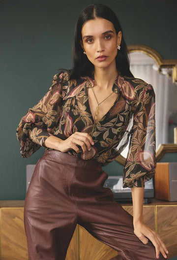 Once Was -  Freya Sheer Viscose Blouse with Embellished Neck Detail - Dark Tropique