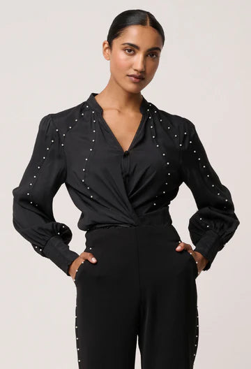 Once Was - Marcela Pearl Embellished Cupro Viscose Stretch Shirt - Black