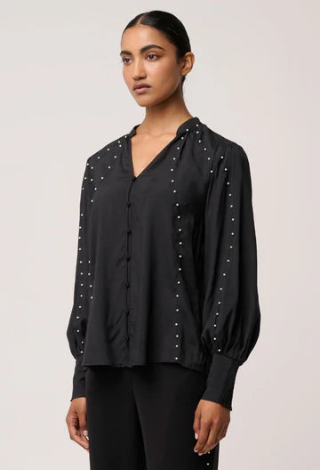Once Was - Marcela Pearl Embellished Cupro Viscose Stretch Shirt - Black