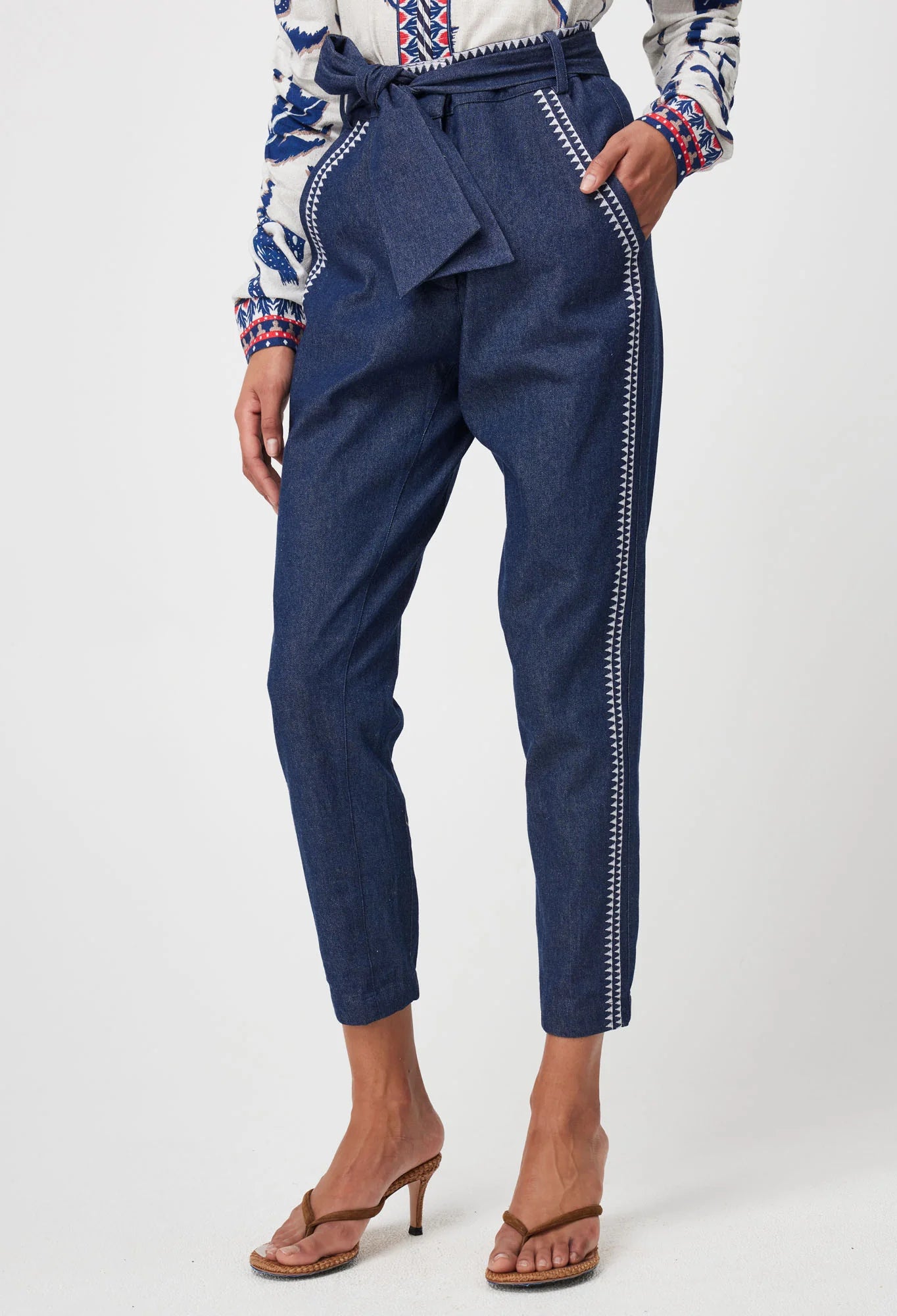 Once Was - Delray Embroidered Cotton Denim Pant - Dark Denim