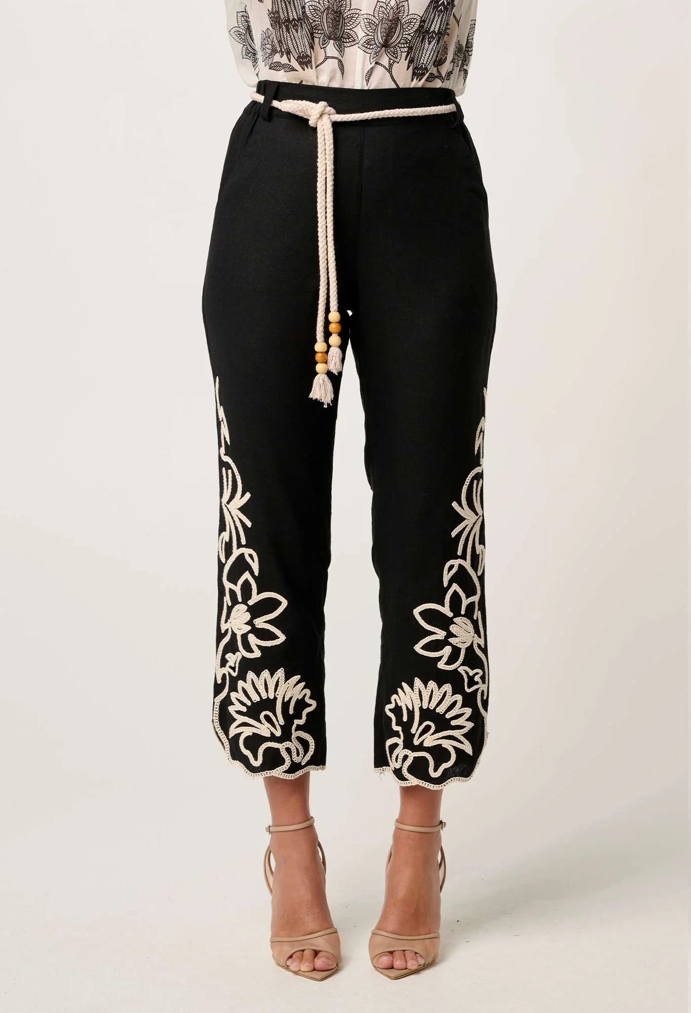 Once Was - Helm Embroidered Linen Viscose Pant - Black