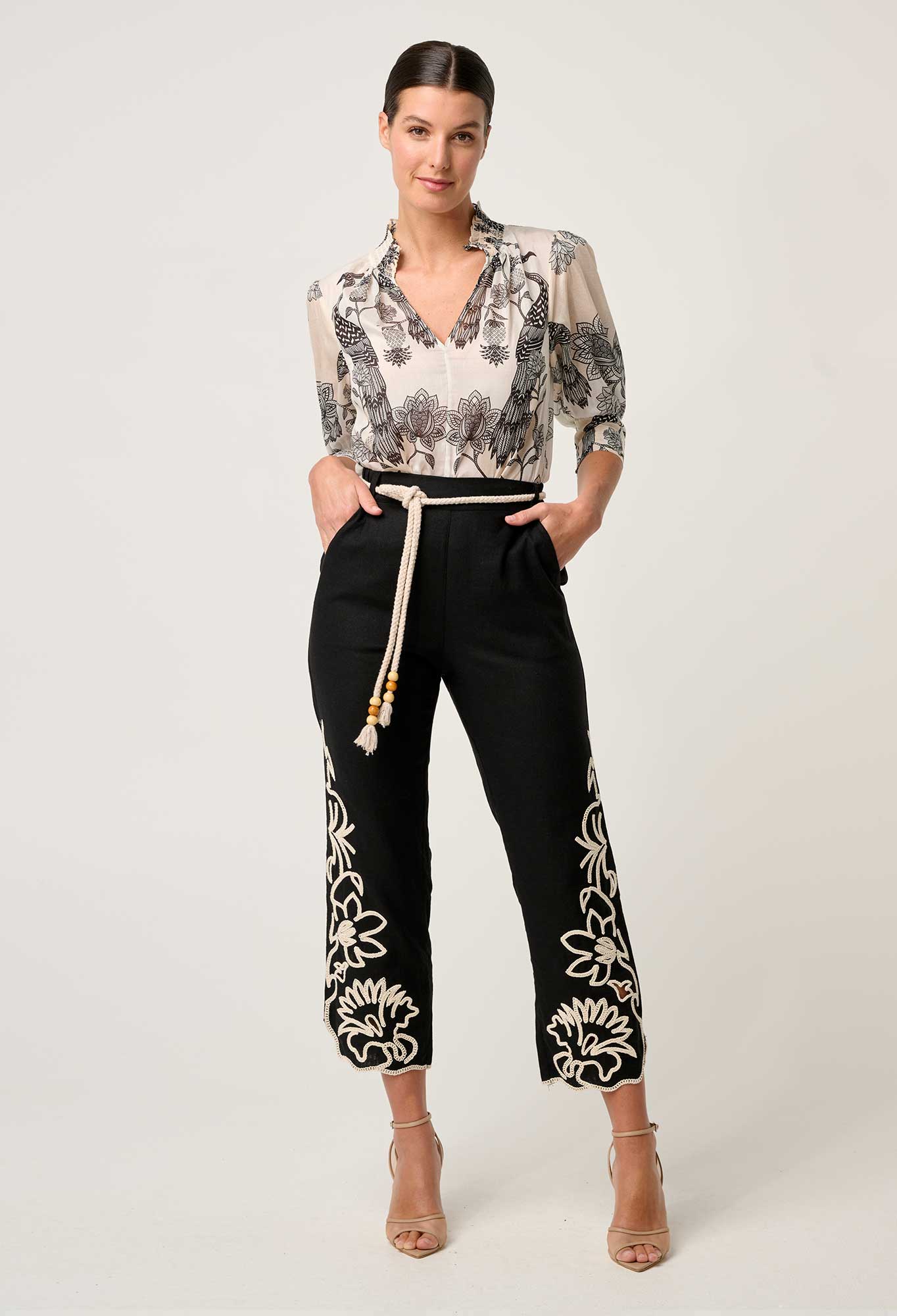 Once Was - Helm Embroidered Linen Viscose Pant - Black