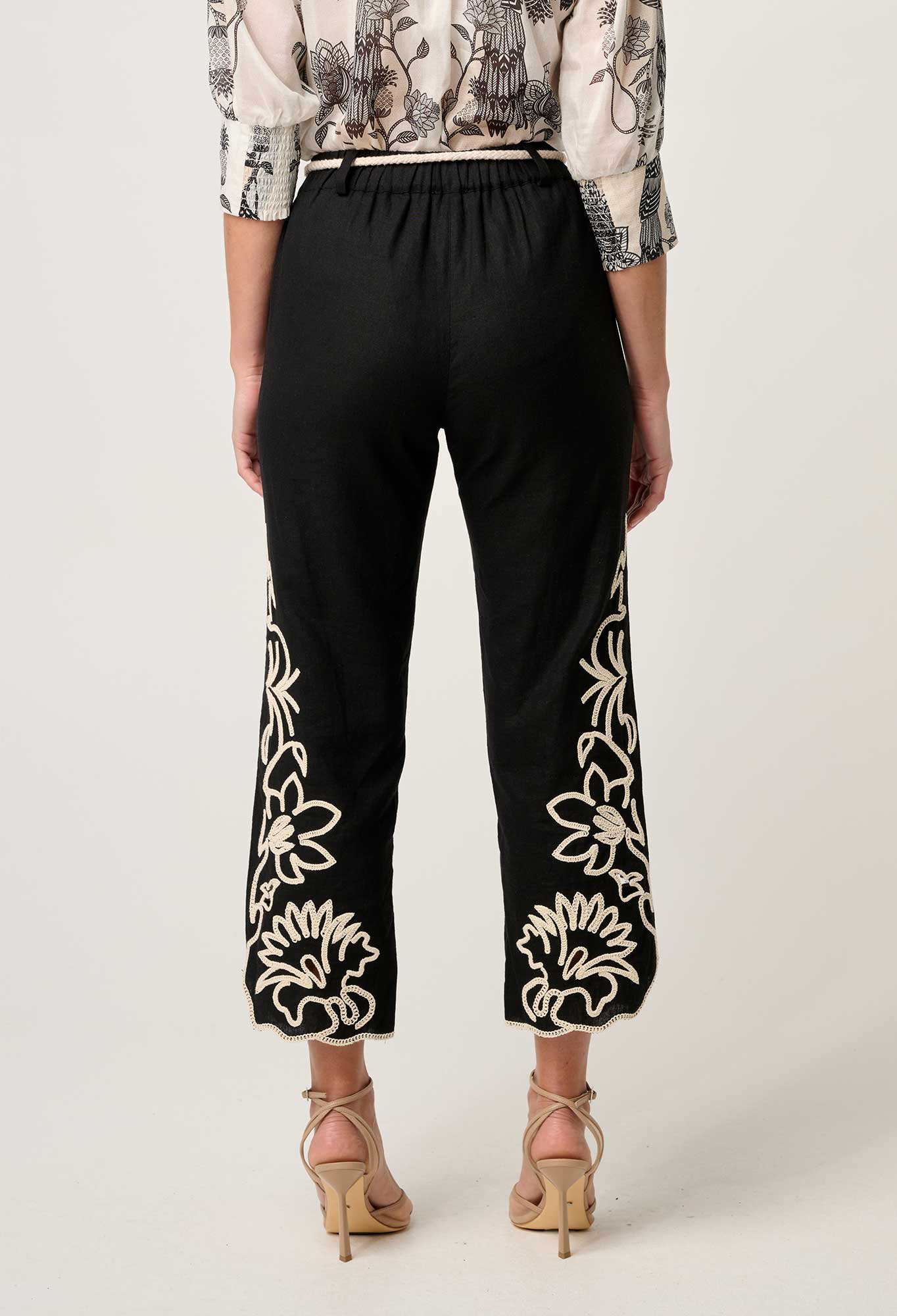 Once Was - Helm Embroidered Linen Viscose Pant - Black